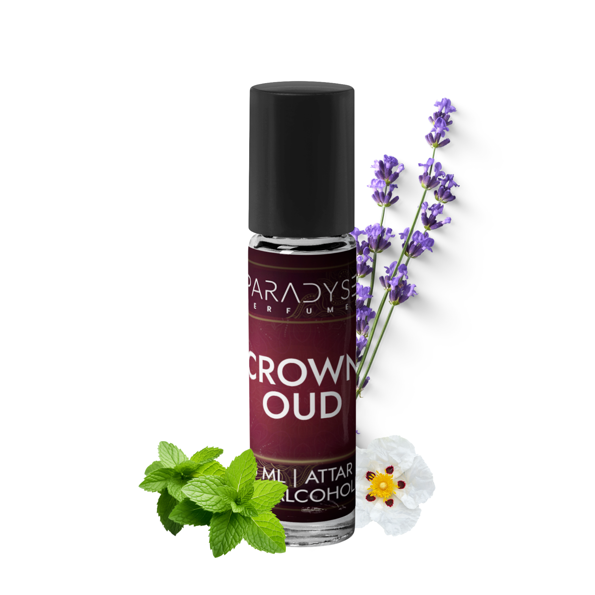 The Crown Oud - Attar by Paradyse Perfumes features a dark label and black cap, surrounded by lavender, mint leaves, and a white flower. Infused with non-toxic ingredients and patchouli oud, this alcohol-free perfume offers an enchanting aroma.