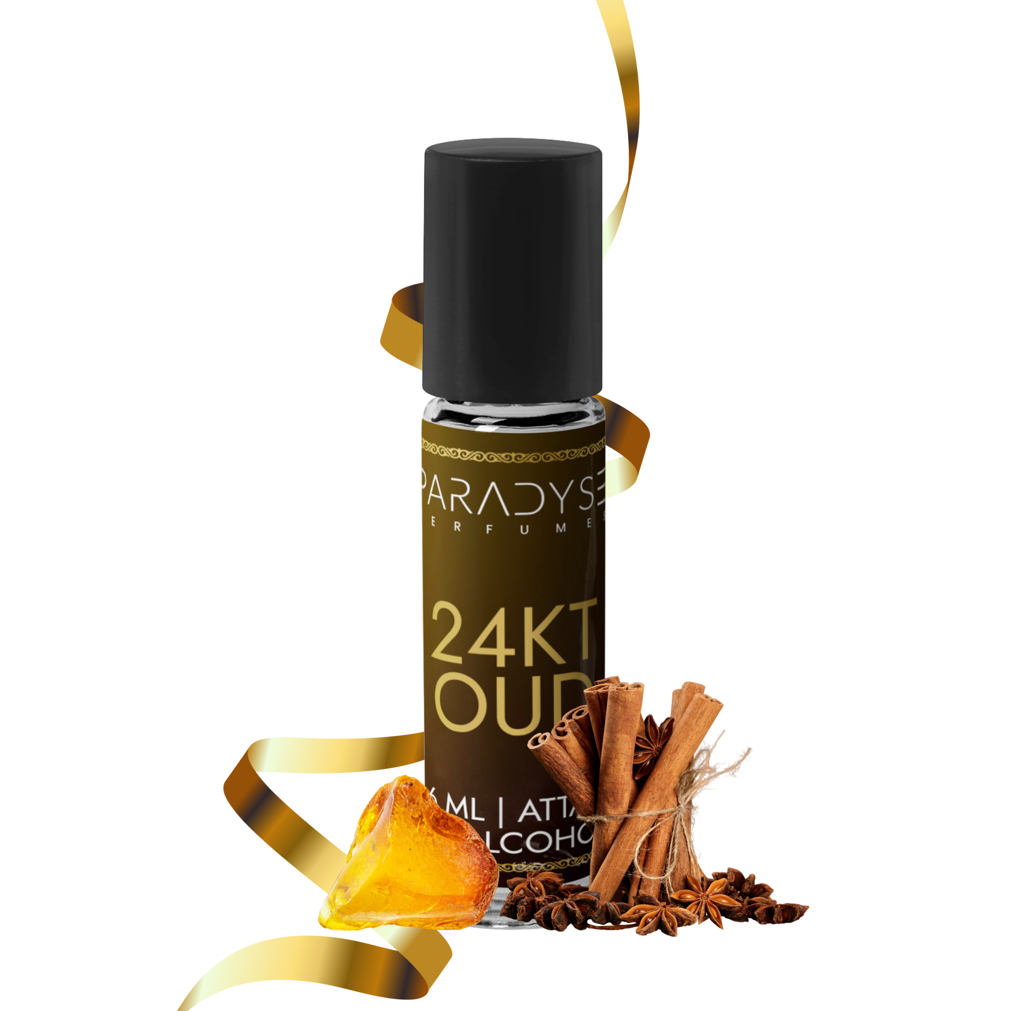 A 10ml bottle of Paradyse Perfumes 24KT Oud Attar, adorned with a gold ribbon and elegantly presented with anise stars, cinnamon sticks, and a glossy amber stone, is hand bottled from non-toxic ingredients for an exquisite experience.