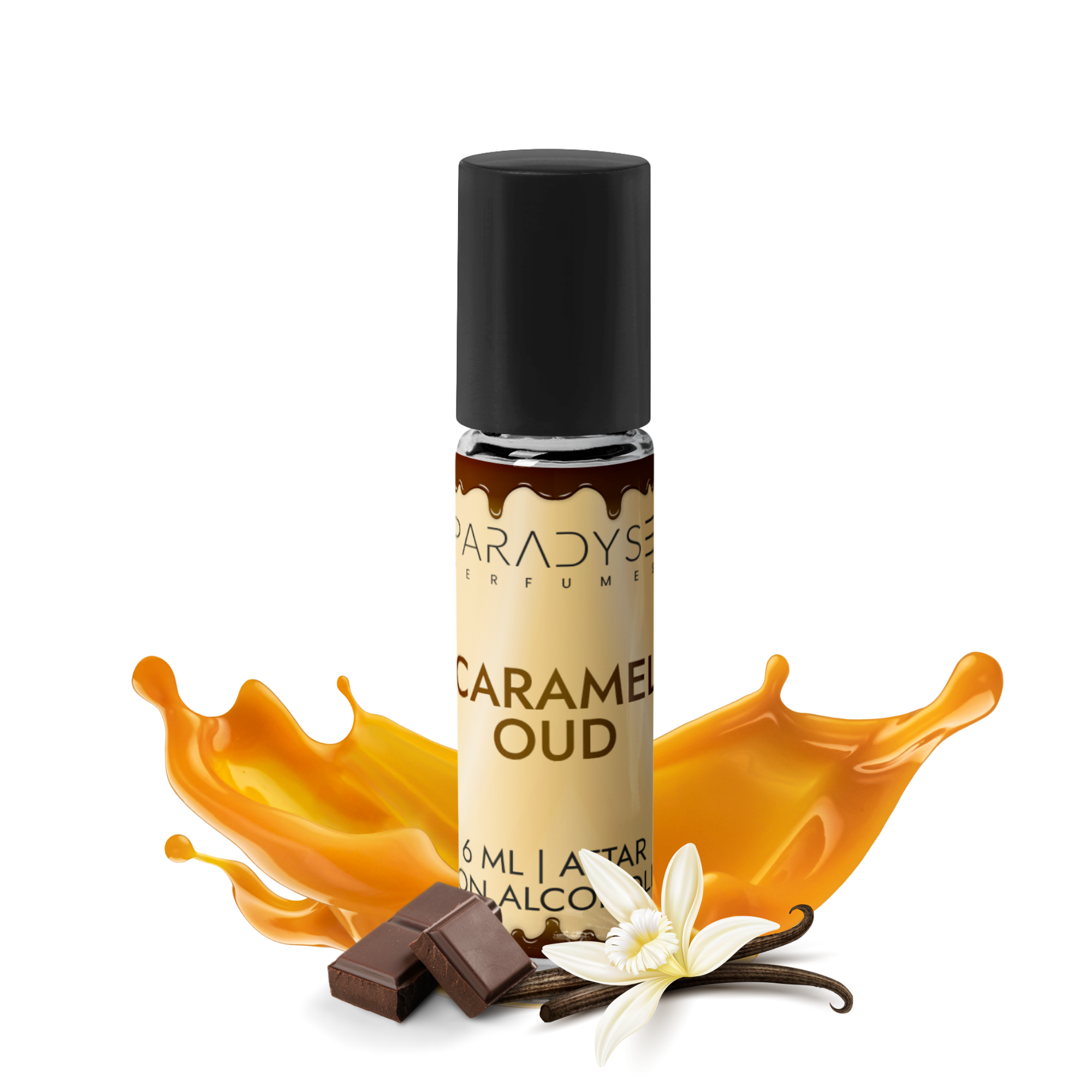 A 6 ml Caramel Oud - Attar from Paradyse Perfumes, featuring a black cap, is elegantly displayed amid chocolate caramel, chocolate pieces, and a white flower. The label Paradise and No Alcohol highlights its non-toxic formula.