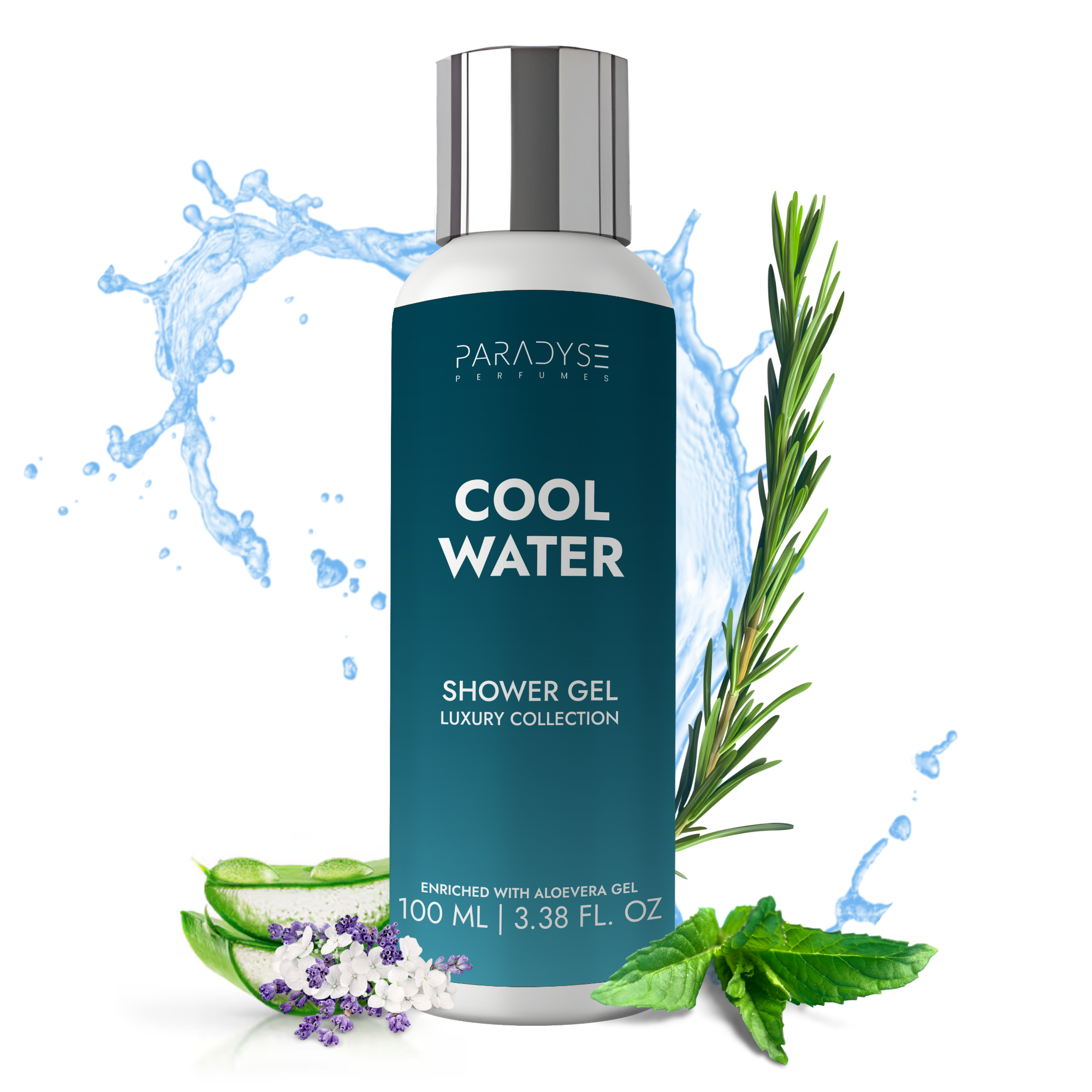 Paradyse Perfumes Cool Water Body Wash from the Luxury Collection features a handmade fragrance in a 100ml blue glass bottle with a silver cap, surrounded by splashes of water, aloe vera, lavender, rosemary, and mint leaves.