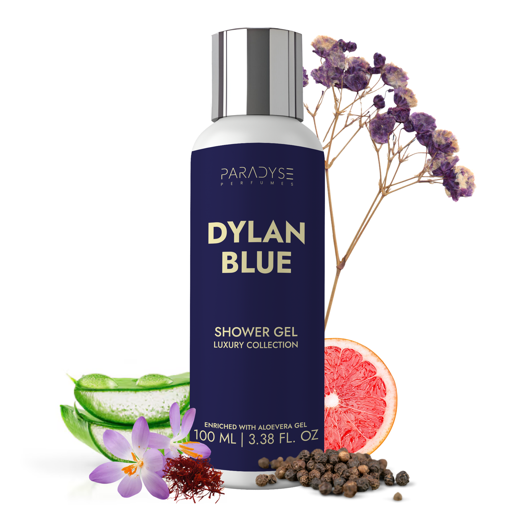 A 100 ml bottle of Paradyse Perfumes Dylan Blue Body Wash with aloe vera, grapefruit, and black peppercorns is displayed alongside a purple dried floral arrangement. This handmade wash features a sleek navy and silver design and high-quality, non-toxic ingredients.