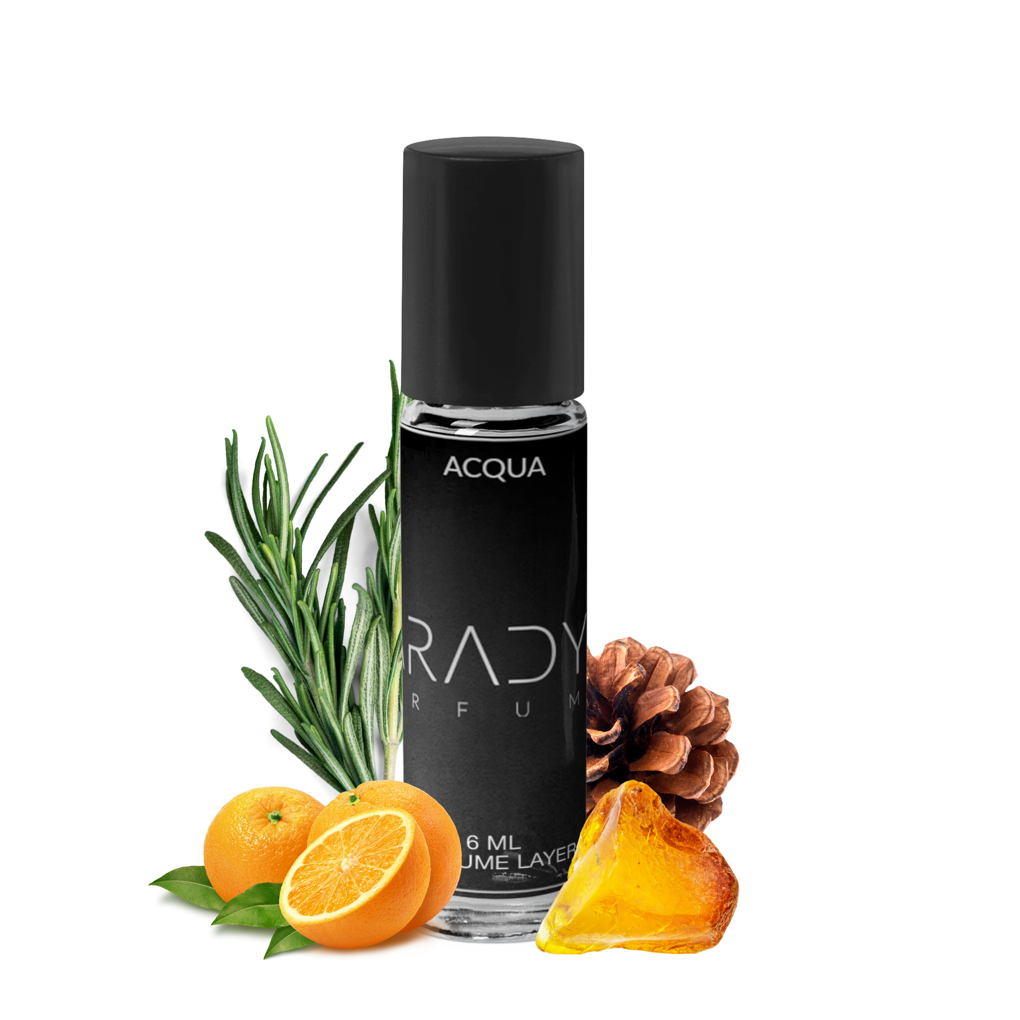 A black perfume bottle labeled Acqua - Attar by Paradyse Perfumes is surrounded by green leaves, an orange blossom, a yellow citrus slice, and a pine cone piece on a white background. This scent features non-toxic ingredients and no harmful chemicals, thoughtfully handmade bottled.