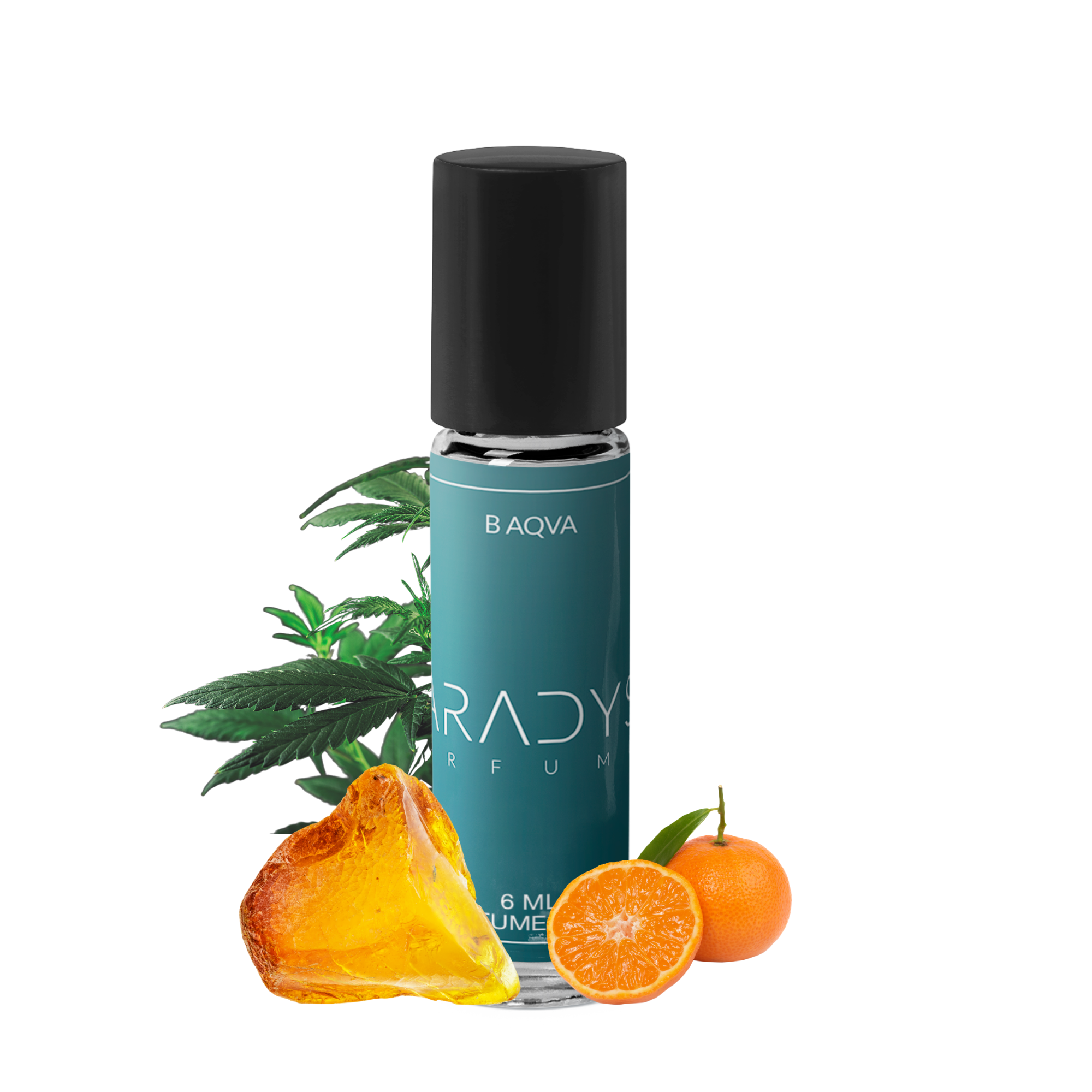 A blue B Aqva - Attar bottle by Paradyse Perfumes, with a black cap, is surrounded by green leaves, amber resin, and an orange tangerine, reflecting its natural essence. This non-toxic blend offers a refreshing and pure experience.
