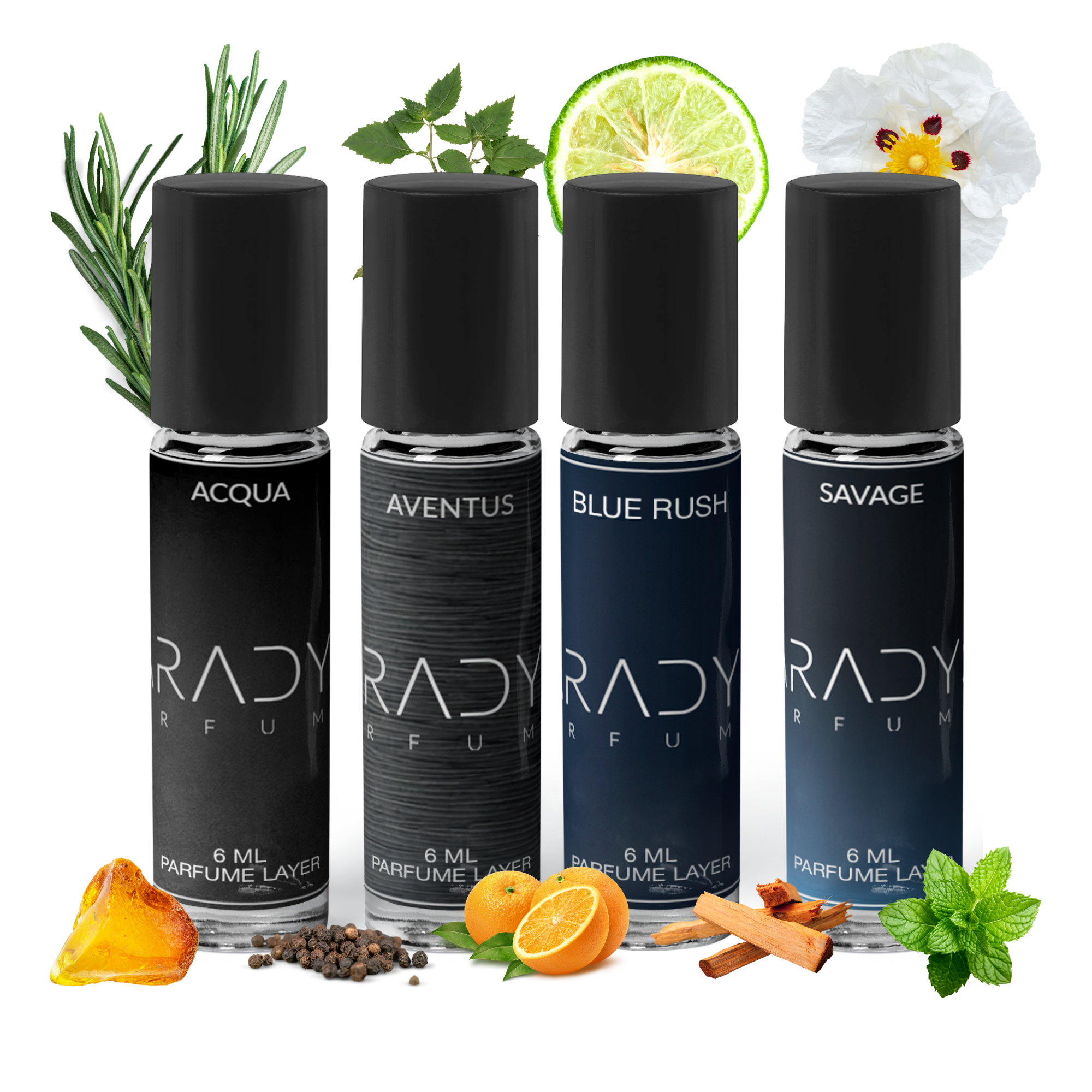 The Paradyse Perfumes Best Seller Attars for Men pack features four luxury scents: Acqua, Aventus, Blue Rush, and Savage. This collection is surrounded by rosemary, lime, black pepper, and floral elements, beautifully capturing the essence of luxury.