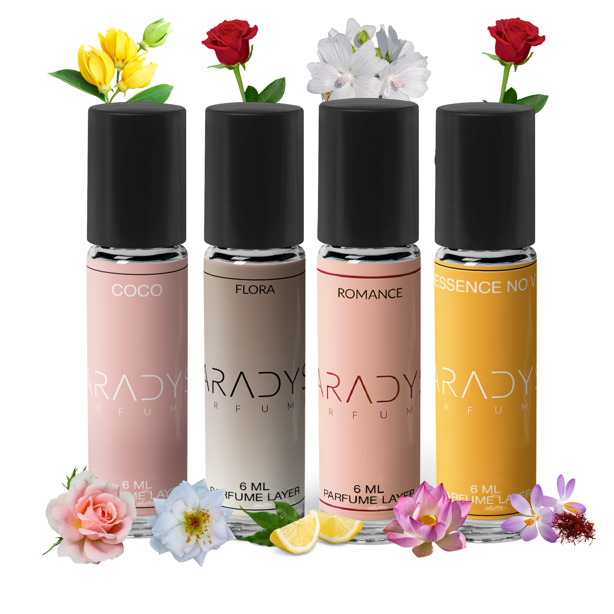 Paradyse Perfumes Best Seller Attars for Women features four elegant scents—Coco, Flora, Romance, and Essence No V. Each bottle is topped with a flower and paired with additional floral and citrus elements, creating the perfect gift set for fragrance lovers.