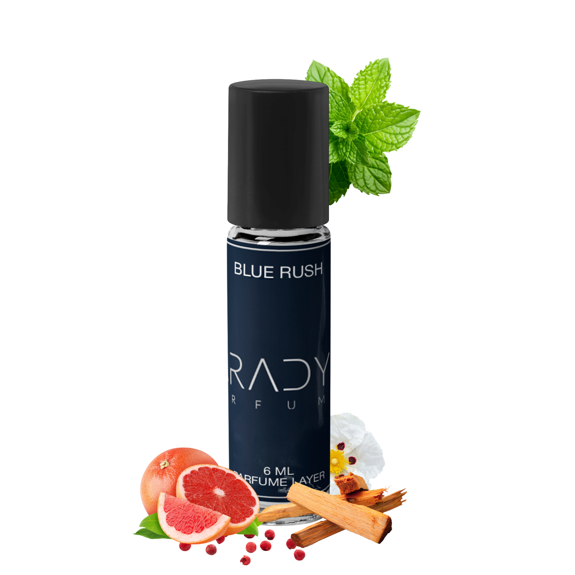 The Paradyse Perfumes Blue Rush-Attar features a dark blue bottle with a black cap, surrounded by mint leaves, grapefruit slices, pink peppercorns, cinnamon sticks, and white flowers. Made with non-toxic ingredients, it offers a refreshing scent suitable for daily wear.