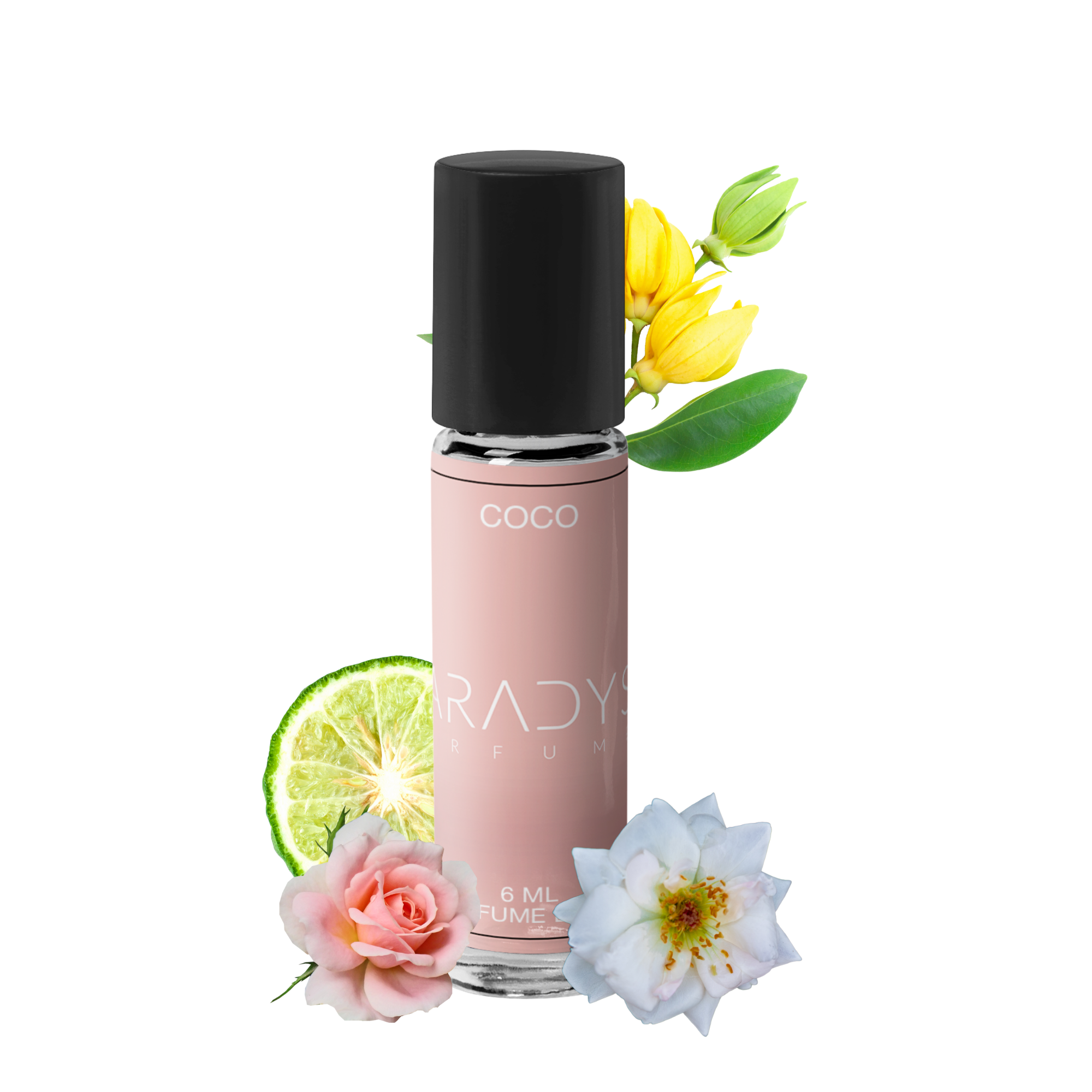 The Coco-Attar by Paradyse Perfumes features a pink bottle with a black cap, surrounded by fragrant flowers like roses, white blossoms, yellow buds, and lime slices for a fresh and floral aroma.