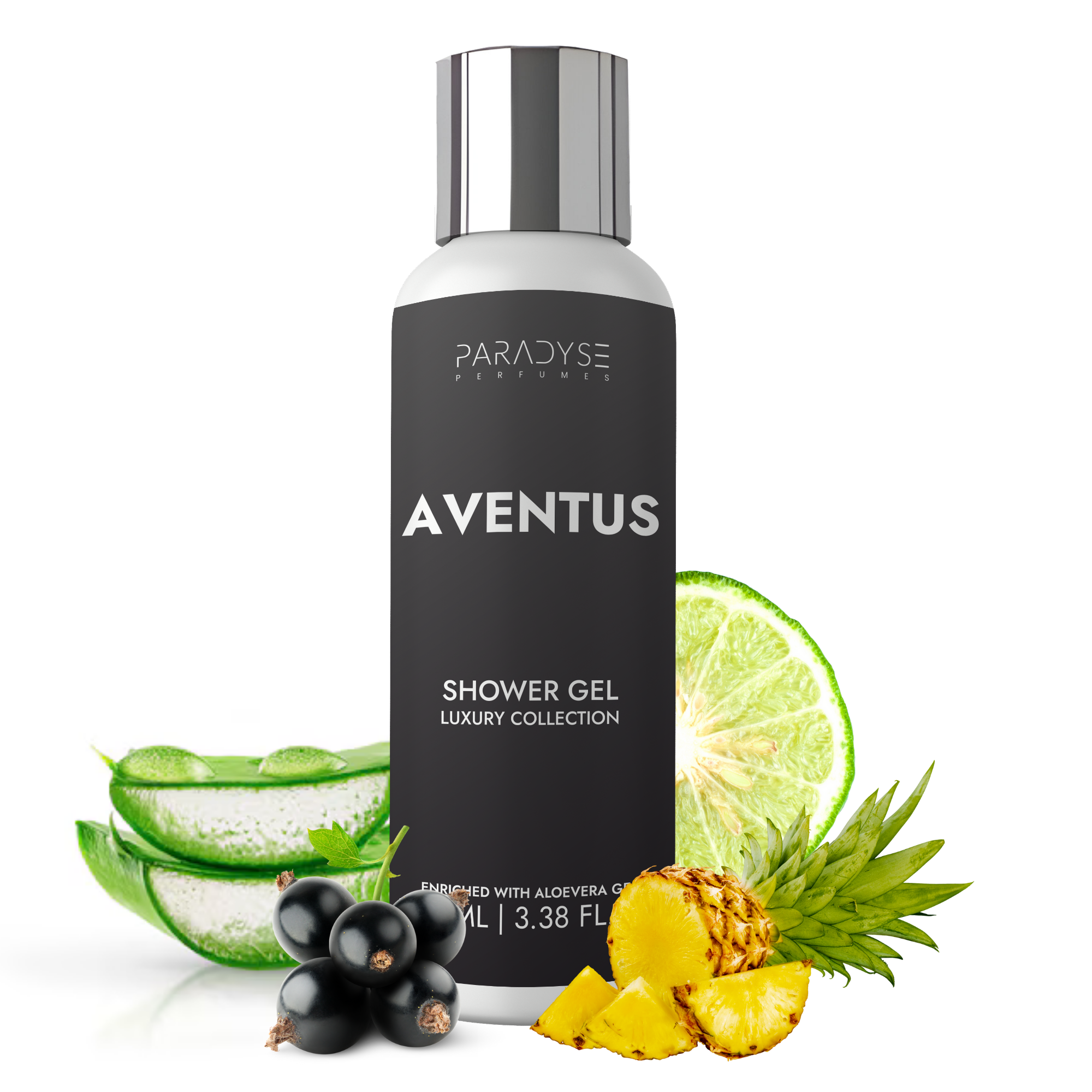 The Aventus Body Wash by Paradyse Perfumes, part of the Luxury Collection, contains premium, non-toxic ingredients including aloe vera, blackcurrant, lime, and pineapple. It comes in a sleek 100 ml (3.38 fl oz) black bottle with a silver cap.