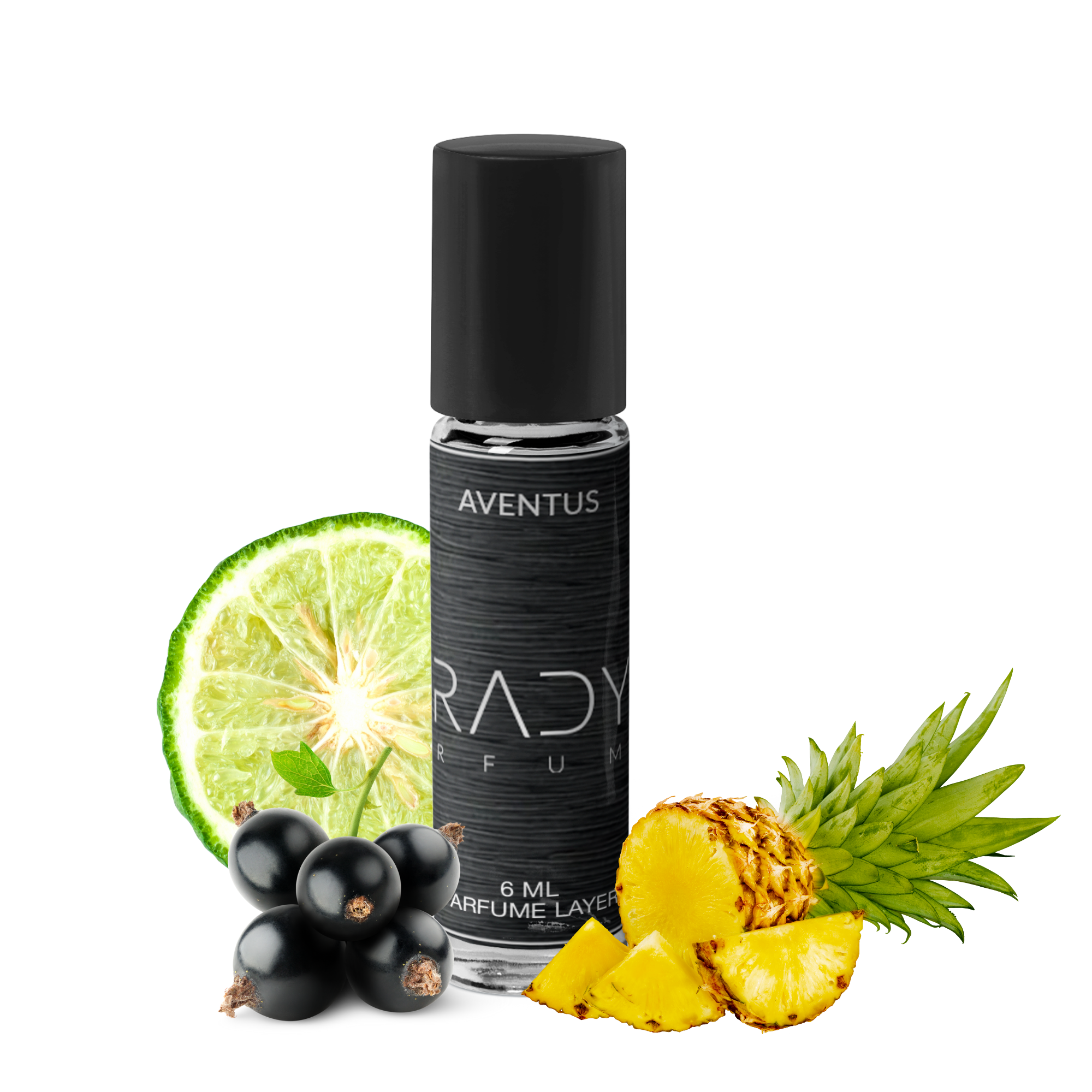 A small bottle of Aventus - Attar by Paradyse Perfumes, hand-bottled, sits among bergamot slices, blackcurrants, and pineapple chunks on a white background. The elegant bottle with a black cap and label captures the spirit of artisanal craftsmanship.