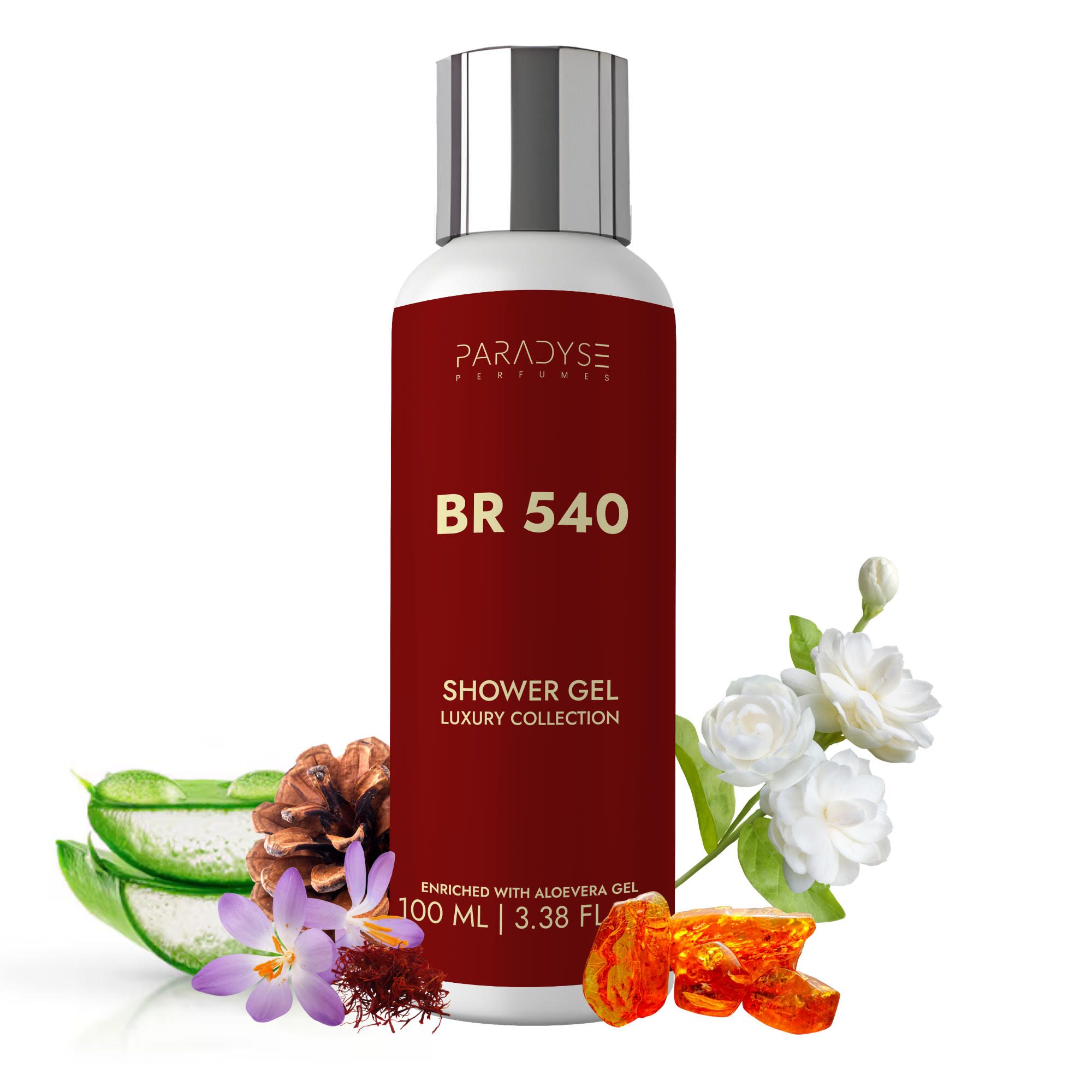 The Paradyse Perfumes BR 540 Body Wash from the Luxury Collection features a burgundy label with white text and images of aloe vera, flowers, saffron, and other natural elements. Non-toxic and hand-bottled in 100 ml containers.