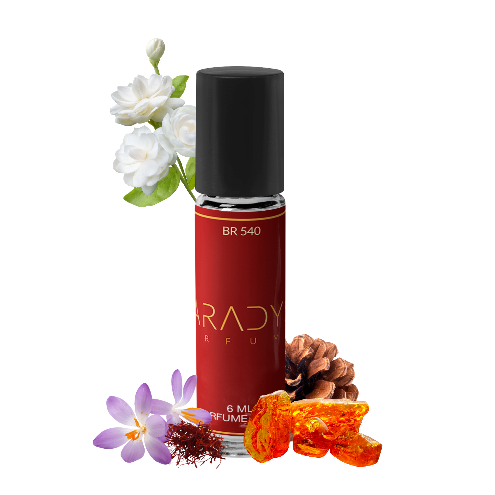 A luxurious red BR 540- Attar bottle by Paradyse Perfumes, with a black cap, is surrounded by white jasmine flowers, saffron threads, pine cones, and amber—symbolizing its hand-bottled essence. It boasts non-toxic ingredients and a high-concentration fragrance for a pure luxury experience.