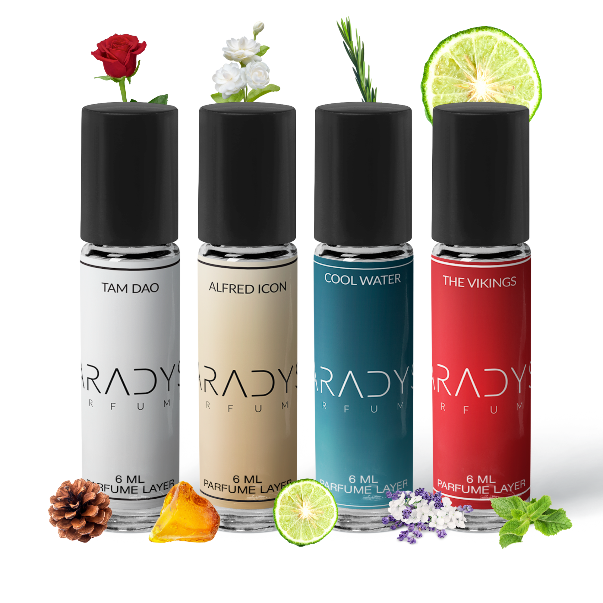 The Celebrity Attar Set by Paradyse Perfumes, featuring Tam Dao, Alfred Icon, Cool Water, and The Vikings in a beautiful pack of four, captures the essence of iconic fragrances with bottles adorned with floral, lemon, or pinecone imagery reflecting their unique scent profiles.