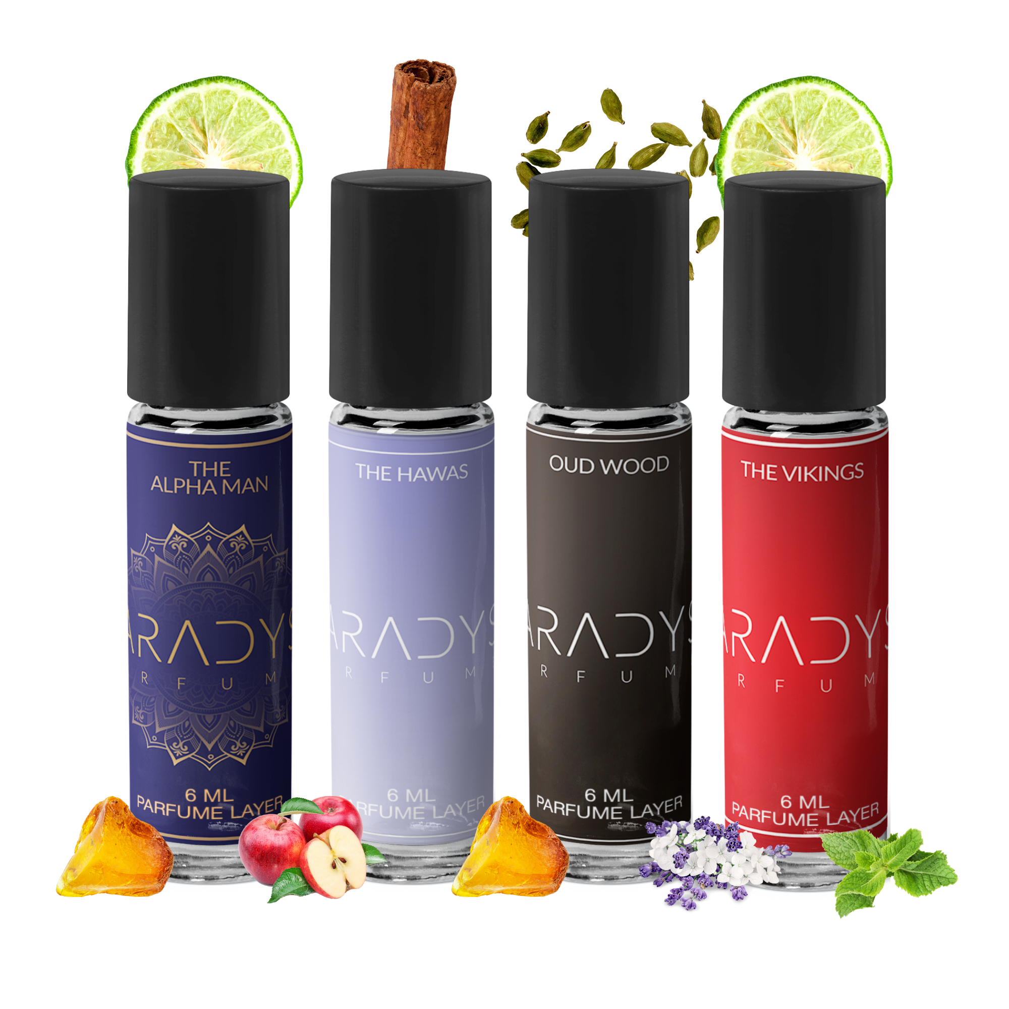 Cozy Night Attars, a Paradyse Perfumes set, includes 6 ml bottles of Oud Wood, Hawas, The Vikings, and The Alpha Men. With black caps, the luxurious scents feature lime, cardamom, cinnamon, apple, lavender, and amber—perfect for an elegant gift.