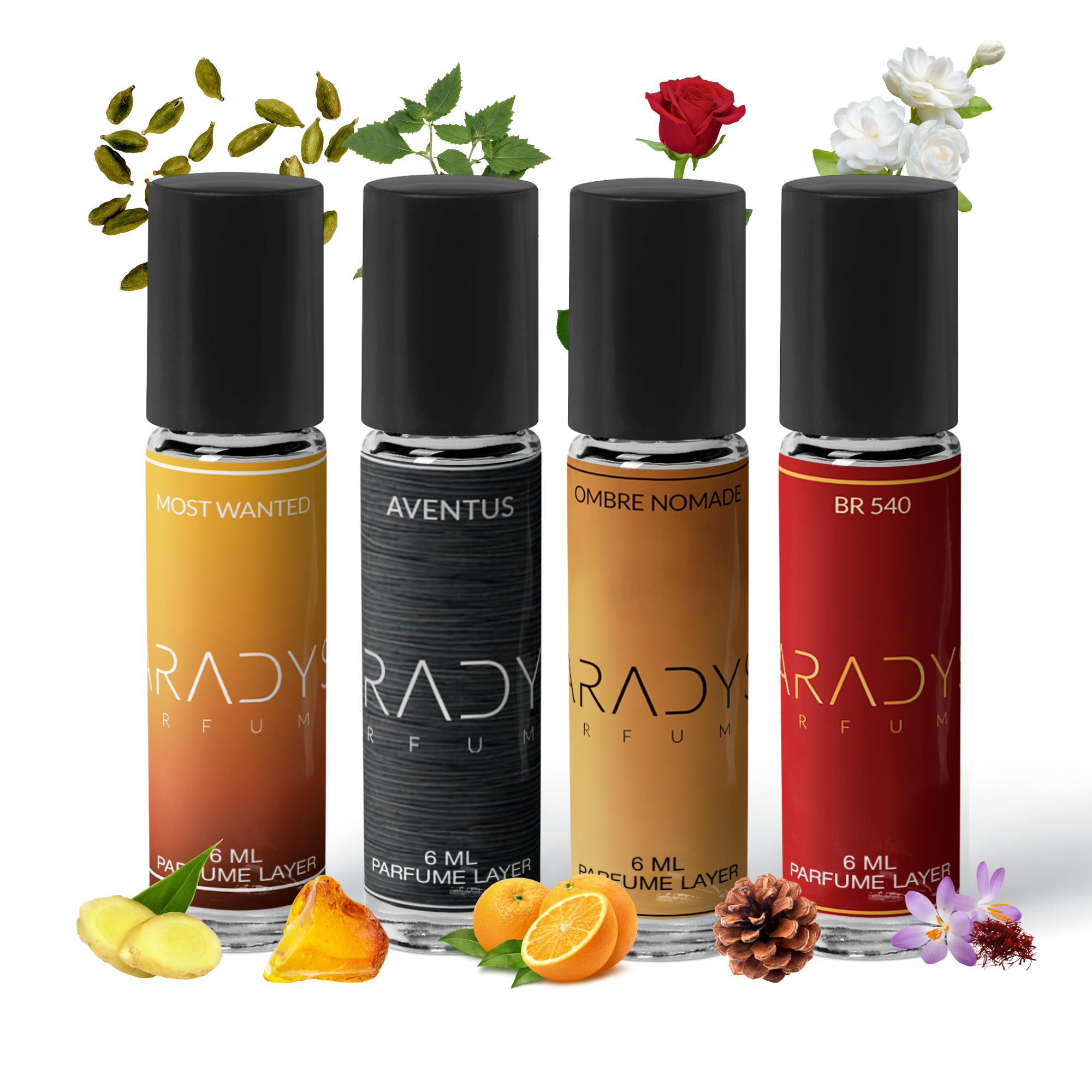 The Date Night Attar for Men by Paradyse Perfumes, a luxury gift set, features four elegant bottles: Most Wanted, Aventus, Ombre Nomade, and BR540. Each fragrance is displayed with ingredients like flowers, spices, and fruits around the bottle.