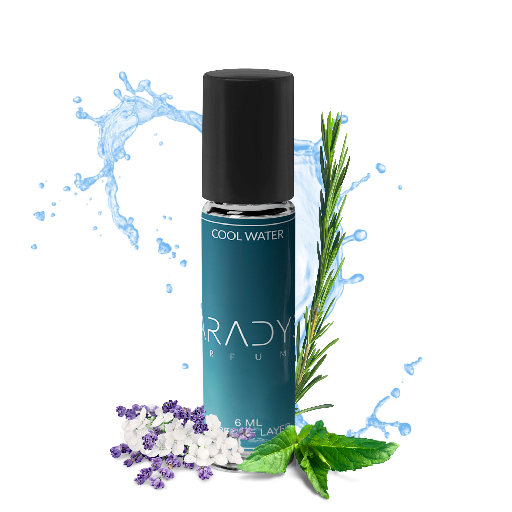 A Cool Water - Attar bottle by Paradyse Perfumes rests on a white background, surrounded by water splashes, rosemary, mint leaves, and small purple and white flowers, suggesting fresh and natural scents with non-toxic ingredients.