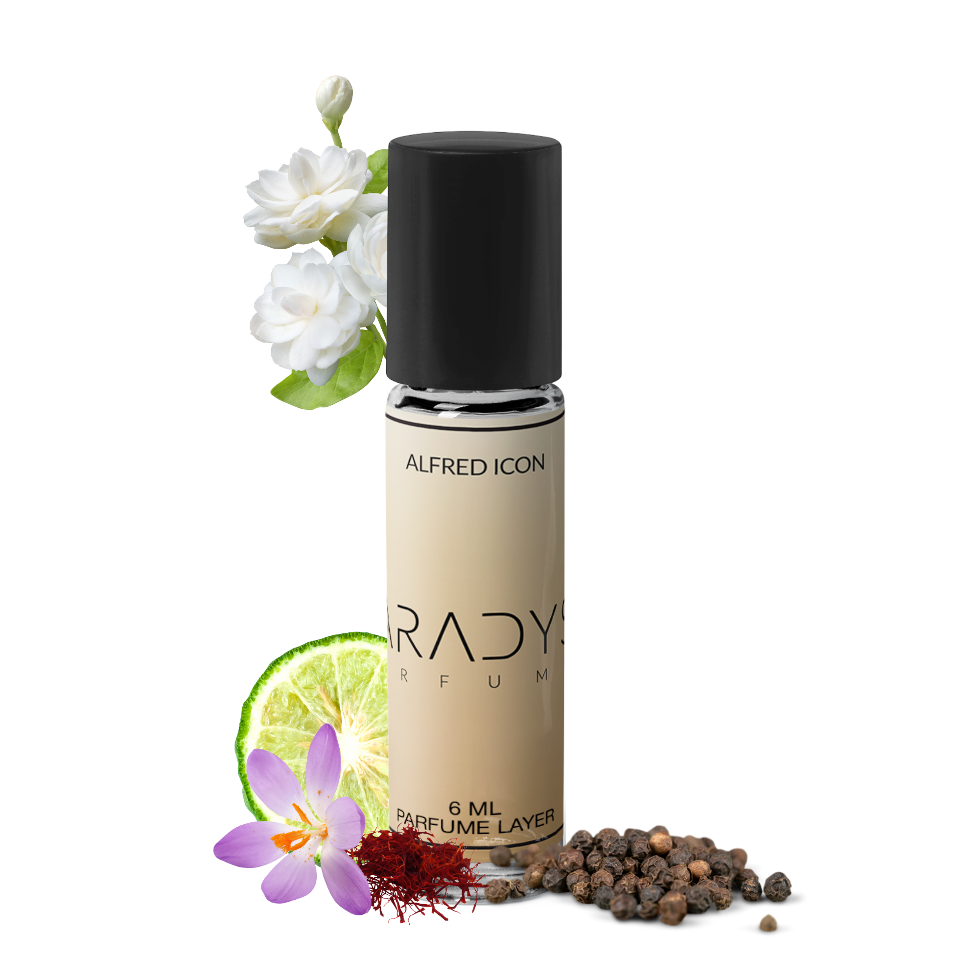 A handmade 6ml Alfred Icon - Attar by Paradyse Perfumes stands among jasmine, cloves, lime, saffron, and black peppercorns, hinting at its high concentration. The bottle has a black cap and a beige label with a minimalist design.